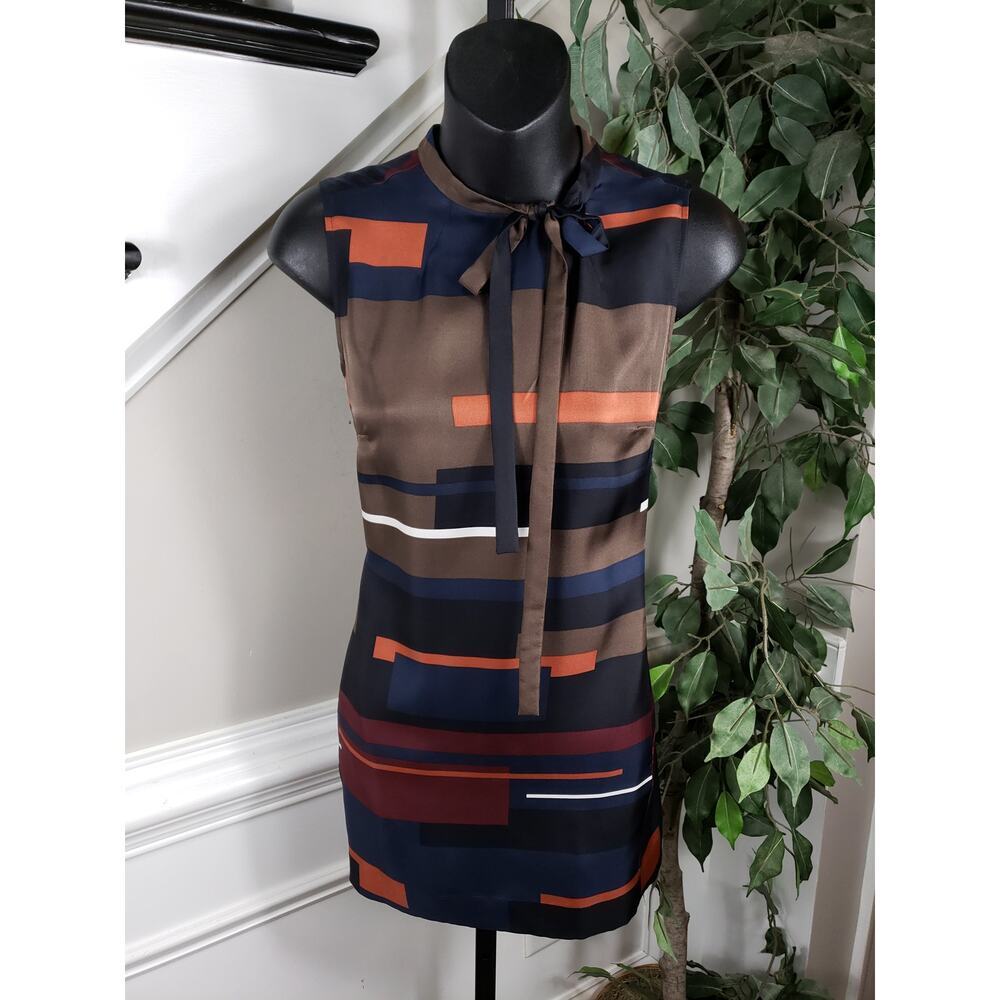 Theory Sleeveless Top Women P Size S Silk Brown Navy Multicolor Abstract Print